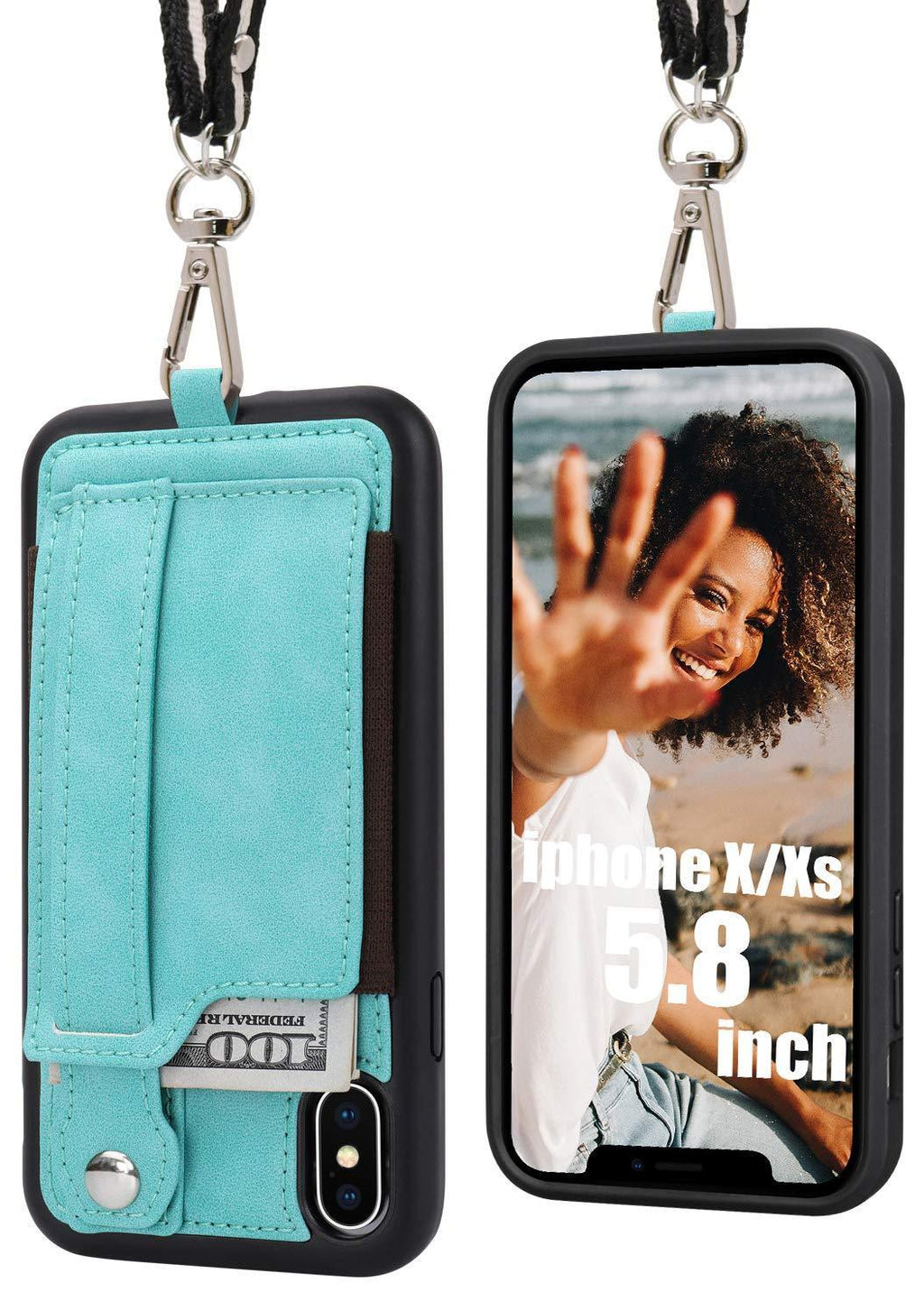 TOOVREN iPhone X Case Wallet, iPhone Xs/10 Lanyard Neck Strap Protective Case Cover with Card Holder Adjustable Detachable Kickstand PU Leather iPhone Lanyard for Anti-Theft Aqua Aqua-XS/X iPhone X/Xs-5.8''