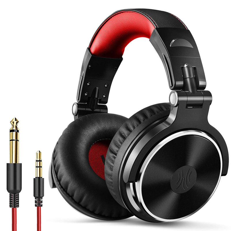 OneOdio Over Ear Headphone, Wired Bass Headsets with 50mm Driver, Foldable Lightweight Headphones with Shareport and Mic for Recording Monitoring Podcast Guitar PC TV - (Red) Red