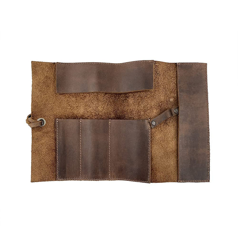 Hide & Drink, Rustic Leather Pencil Roll Pouch, Multi Purpose Storage Wrap for Scissors, Earphones, Organizer for Craft, Work, Study, Handmade Includes 101 Year Warranty :: Bourbon Brown