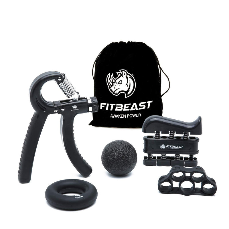 FitBeast Hand Grip Strengthener Workout Kit (5 Pack) Forearm Grip Adjustable Resistance Hand Gripper, Finger Exerciser, Finger Stretcher, Grip Ring & Stress Relief Grip Ball for Athletes Black