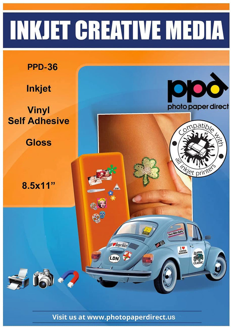 PPD 50 Sheets Inkjet Creative Media Waterproof Glossy Self Adhesive PVC Vinyl Sticker Paper 8.5x11 True Photographic Quality 4.1mil Thin Full Sheet Instant Dry Scratch and Tear Resistant (PPD-36-50)