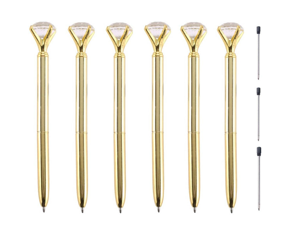 Onwon 6 Pieces Big Crystal Diamond Pens Gold Metal Ballpoint Pens & 3 Pieces Ballpoint Pen Refills in Black Ink