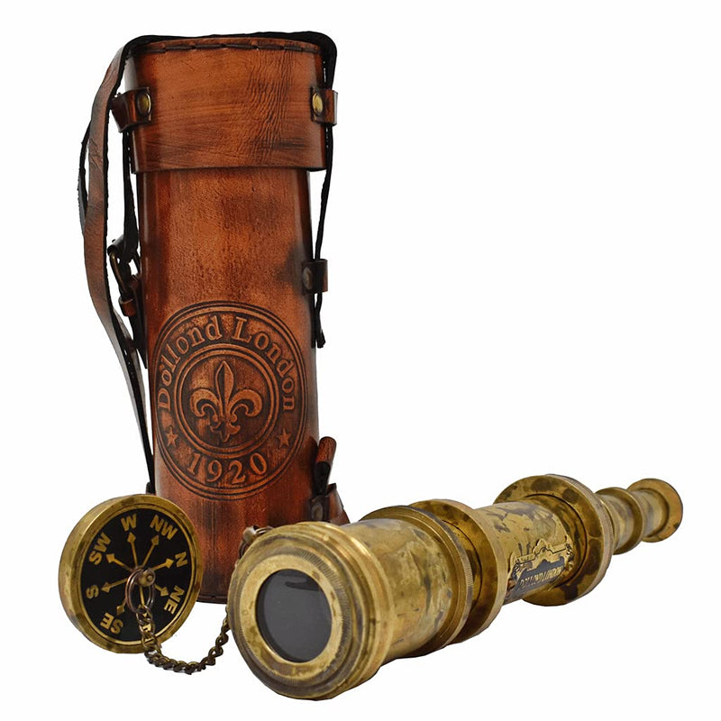 Antique Brass Pirate Telescope camping accessories Kid's Telescope Glass Optic Marine Sailor's Spyglass, 18 inch Brass Made w High Resolution Magnification Monocular w Brown Leather Case Nautical Gift