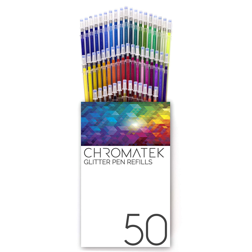 Glitter Pen Refills by Chromatek. 50 Refills. Super Glittery Ultra Vivid Colors. No Repeats. Professional Art Pen Refills. New & Improved. Perfect Gift!