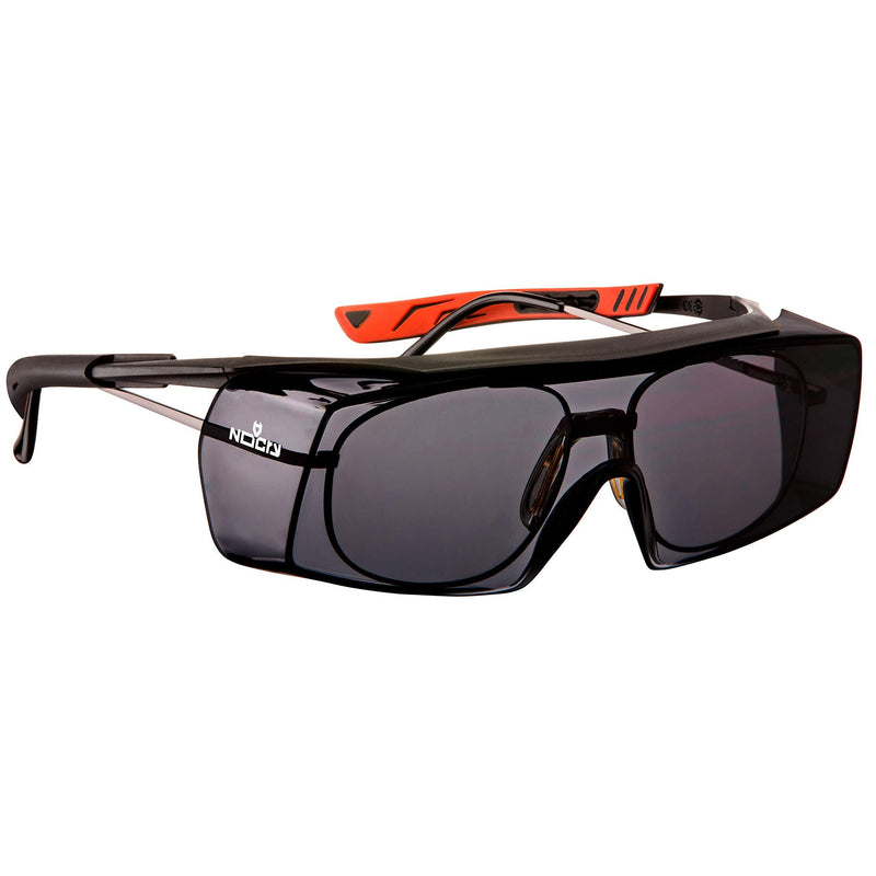 NoCry Tinted Over-Spec Safety Glasses - with Anti-Scratch Wraparound Lenses, Adjustable Arms, and UV400 Protection. ANSI Z87.1 & OSHA Certified, Black & Red Frames Tinted Black & Red