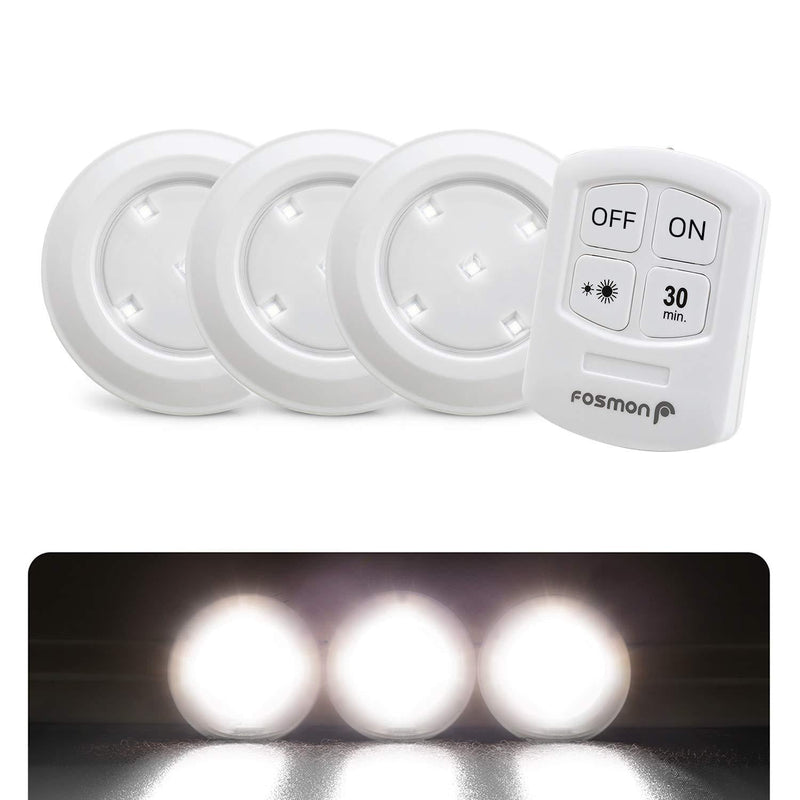 Fosmon Wireless LED Puck Light 3 Pack with Remote Control, Under Cabinet Lighting [5 Daylight White LED, Wide Floodlight Tap Style, 30-Minute Timer, Battery Operated] for Kitchen Closet Pantry Counter