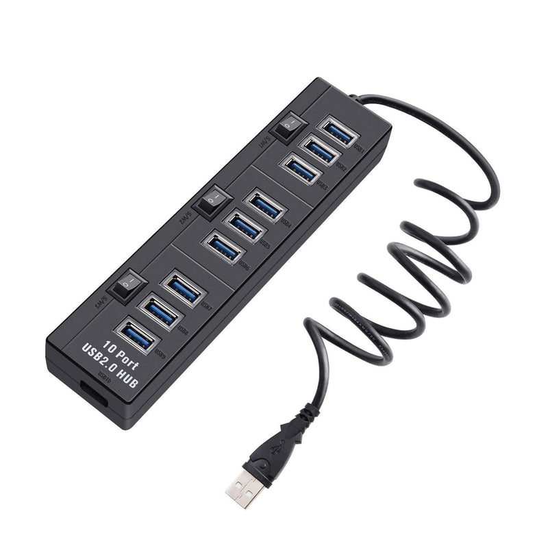 Pasow 10 Port High Speed USB 2.0 Hub with Power Adapter and 3 Control Switches (Black) Black