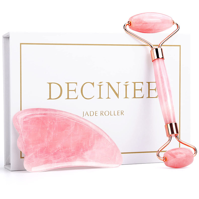 Deciniee Jade Roller and Gua Sha Set - Anti Aging Rose Quartz Face Roller Massager & Guasha Tool for Face, Eye, Neck - Natural Beauty Skin Care Tools Body Muscle Relaxing Relieve Wrinkles Pink