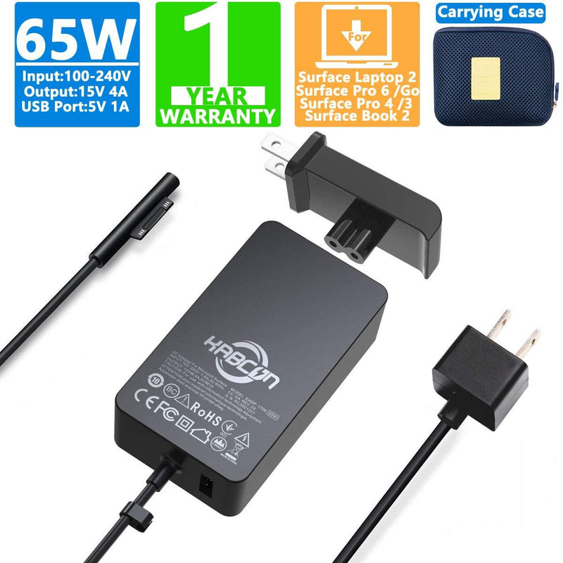 Surface Pro Charger 65W 15V 4A Compatible with MicrosoftSurface Pro X Pro 7 Pro 6 Pro 5 Pro 4 pro 3, Surface Go 2/1, Surface Laptop go 4 3 2 1, Surface Book 2/1 with Travel case & 6.2ft AC Power Cord