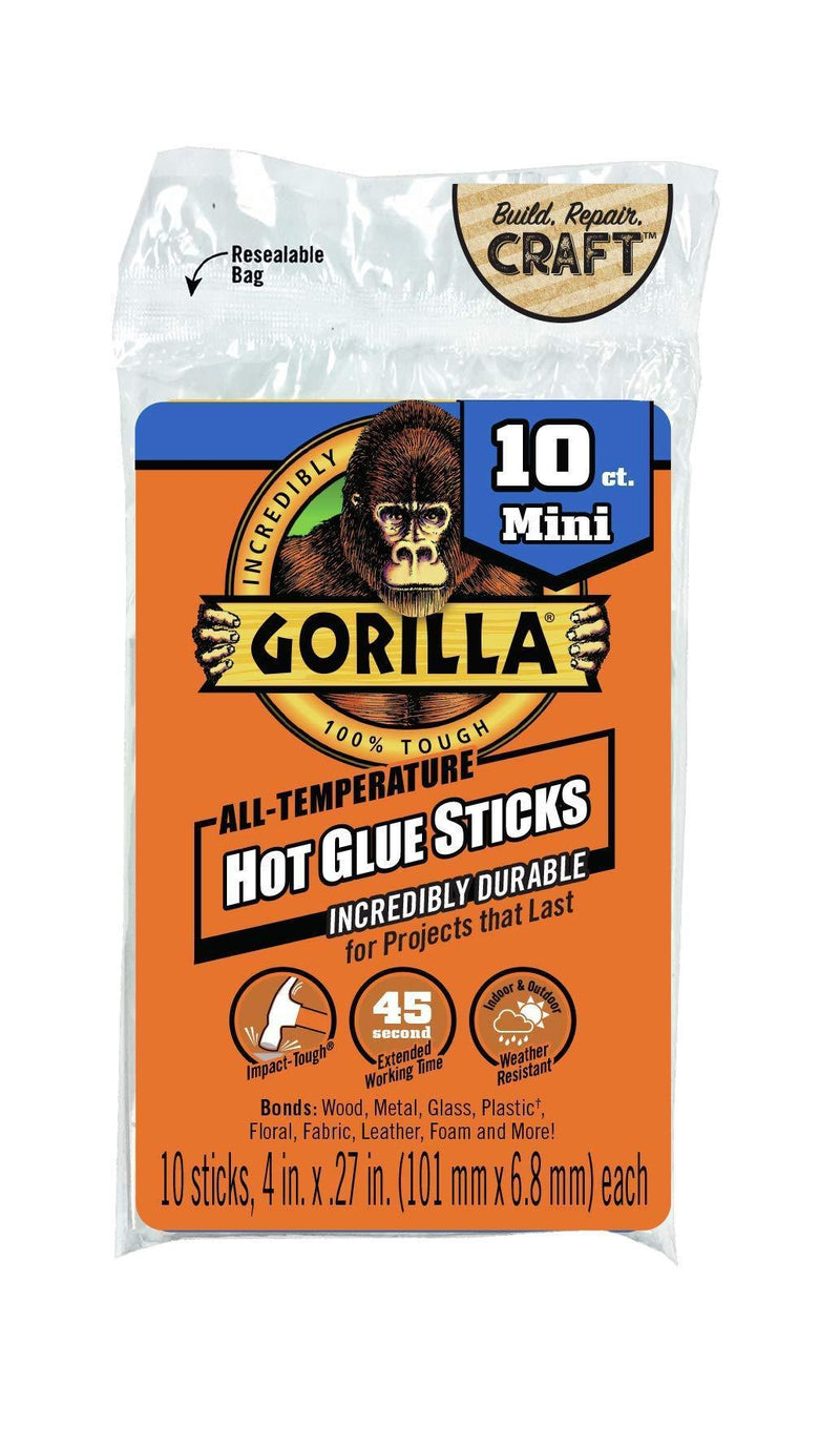 Gorilla 3021002 Mini Hot Glue Sticks, 10 Count, Clear, 10 Count