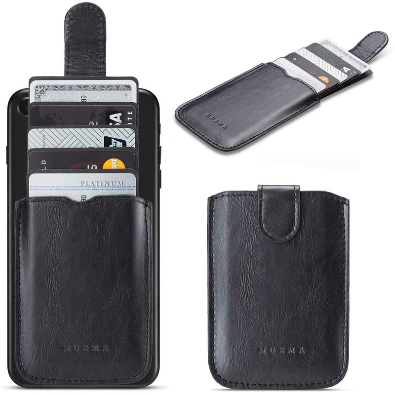 Phone Card Holder RFID Blocking Sleeve, Pu Leather Back Phone Wallet Stick-On Pull up 5 Card Holder Universally Pocket Covers Credit Cards Cash for iPhone/Android/Samsung/All Smartphones (Black) Black