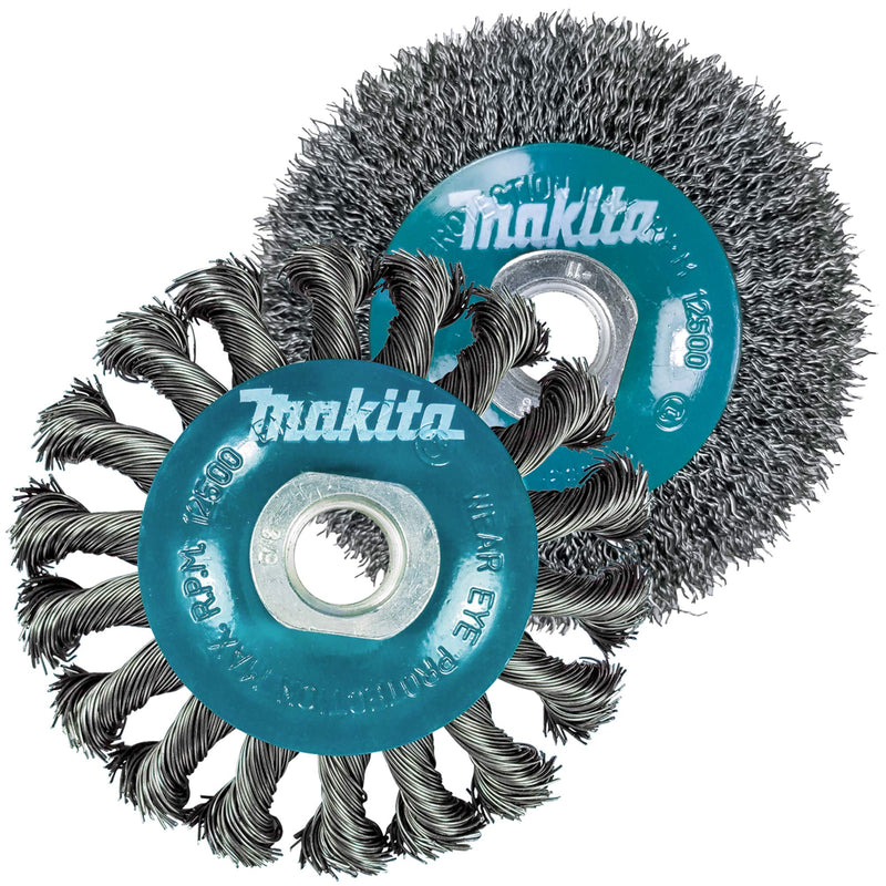 Makita 2 Piece - 4 Inch Crimped & Twist Wire Wheel Brush Set For 4.5" Grinders - Complete Conditioning For Metal - 4" x 5/8-Inch | 11 UNC 2 Piece | 4" Wheels | For 4.5"+ Grinders