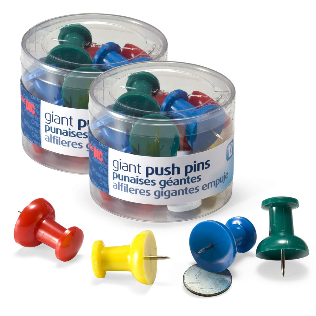 Officemate Giant Push Pins, 1.5" Assorted Colors, 2 Tubs of 12 (92905)