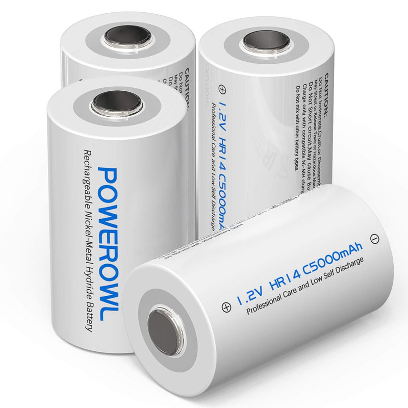 POWEROWL Rechargeable C Batteries Nickle Metal Hydride 5000mah Low Self Discharge NiMH C-Cell Battery (4 Pack) 4pack