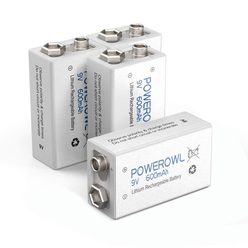 POWEROWL 9V Rechargeable Batteries 600mAh Lithium-ion Low Self Discharge Battery for Smoke Dectector and More 4 Pack