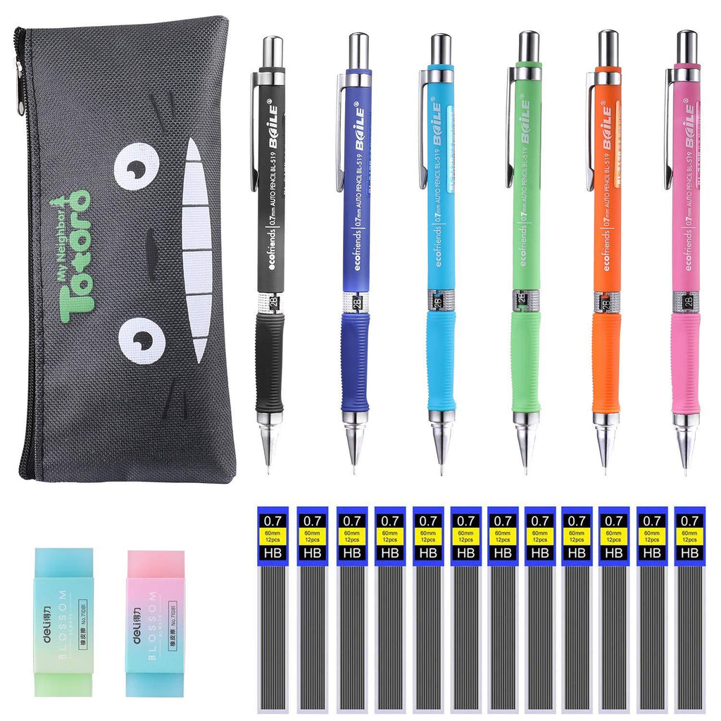 Mechanical Pencil Set, ExcelFu 6 Pieces 0.7 mm Mechanical Pencils with 12 Cases Lead Refills for Writing, Drawing, Signature, 6 Colors