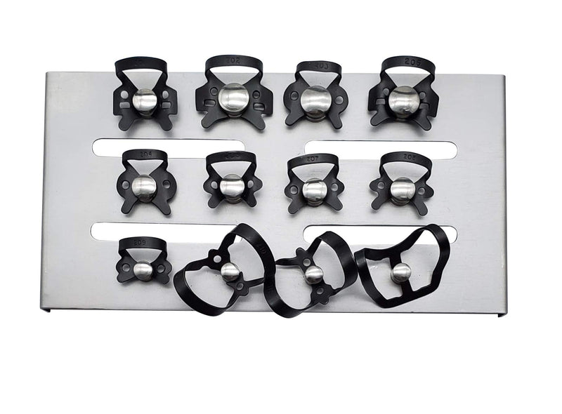 Rubber Dam Clamps Set of 12 with Organizer autoclavable mounting Rack (Black)