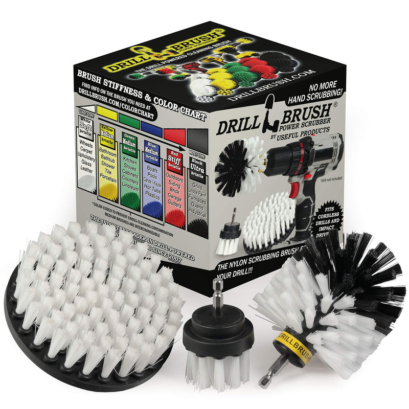 Car - Cleaning Supplies - Drill Brush - Soft Bristle Detailing Scrub Brush Kit - Kayak - Boat - Car Wash - Tires, Wheels and Rims - Interiors - Seat, Carpet, Upholstery, Vinyl, Fabric, Leather Cleaner White