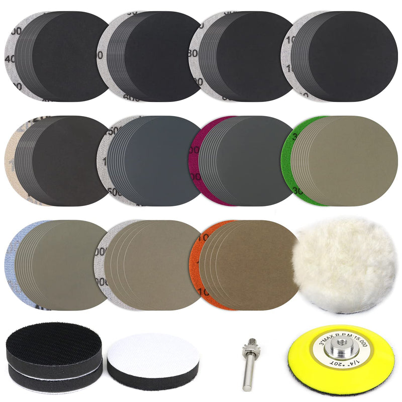 POLIWELL 150 PCS 3 Inch Sanding Discs Silicon Carbide 400-10000 Grits Wet/Dry Hook and Loop Sandpaper for Drill Grinder Rotary Tools with 1/4 in Backing Pad, Wool Pad and 3pcs Soft Foam Pads h-Assortment
