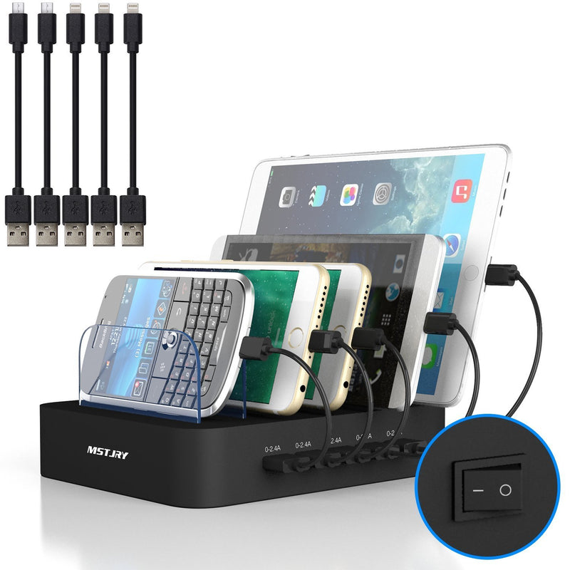 Charging Station for Multiple Devices, MSTJRY USB Charging Station Dock Switch Cell Phone 5 Port Charging Station, Compatible with iPhone iPad Cell Phone Tablets (Black, 5 Short Cables Included) Black