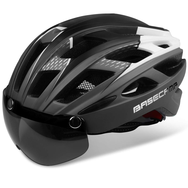 Bike Helmet, Basecamp Bicycle Helmet Cycling/Climbing Helmet with Detachable Magnetic Goggles Visor&Led Back Light&Portable Backpack Adjustable for Men Women Mountain Road Bc-069 Titanium