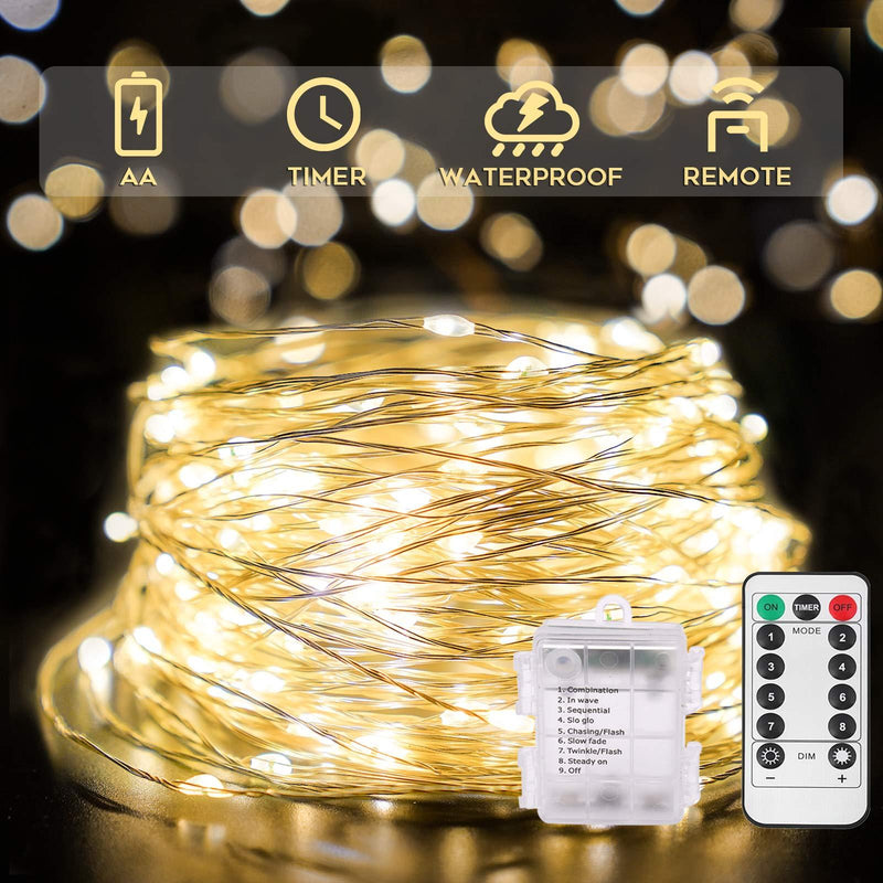 SUDDUS 66ft 200 LED Copper String Light, Fairy Lights Warm White Battery Operated, Waterproof Copper Wire Lights Remote Control for Bedroom, Yard, Tapestry 200LED
