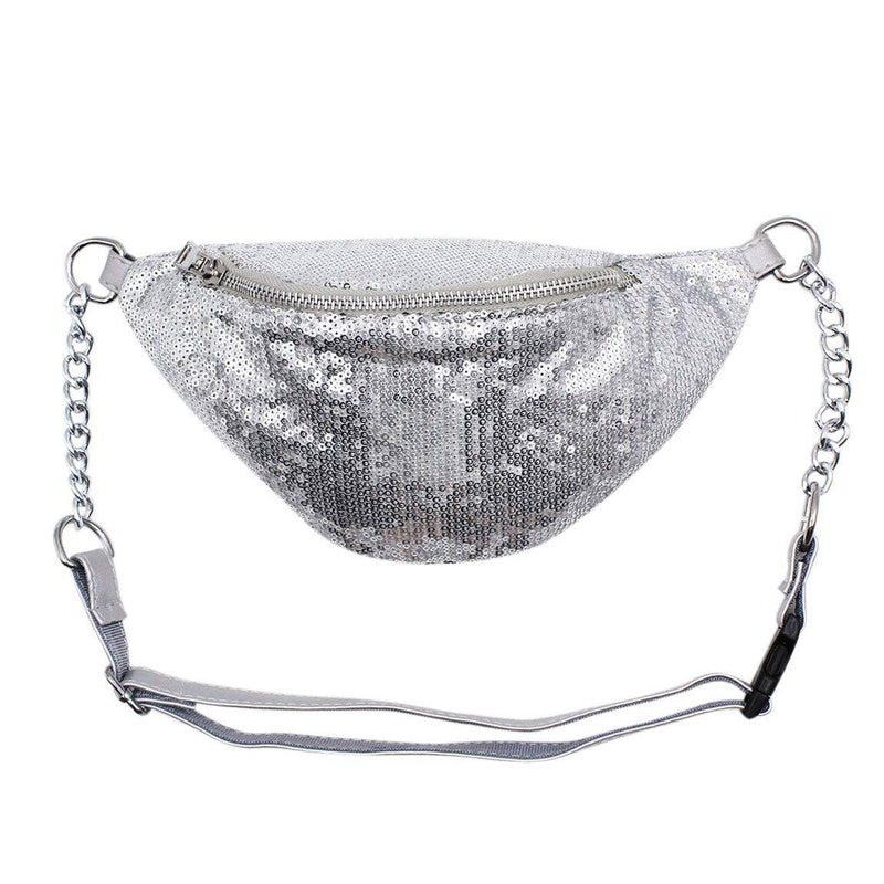 RARITYUS Sparkly Sequin Fanny Packs Glitter Waist Bag with Adjustable Strap for Women Girls Unisex Silver