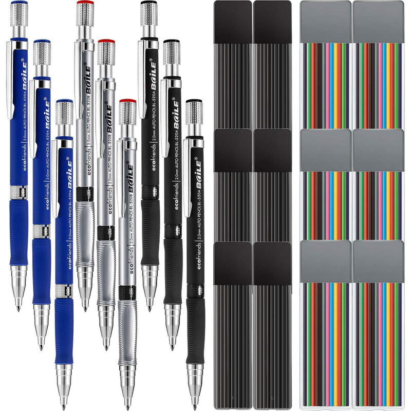 Jovitec 21 Pieces 2.0 mm Mechanical Pencil Set, 9 Pieces Automatic Pencils and 12 Cases Refills (Color and Black) for Draft Drawing, Writing, Crafting, Art Sketching