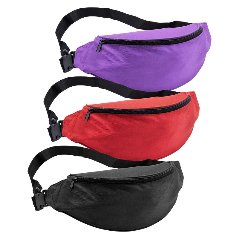 INNOLIFE Unisex Men Women Fashion Sporty Multi-Purpose 2-Zipper Waist Belt Bag Fanny Pack Adjustable Strap for Sport Hiking Traveling Passport Wallet 3pcs Black Purple Red