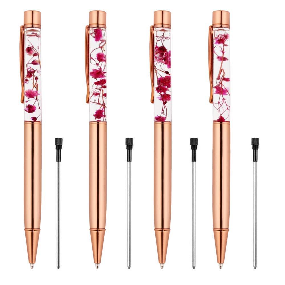 Rose Gold Ballpoint Pen,4 Pieces Metal Ball Pens Dynamic Liquid Flower Pen Black Ink Pen Refills for Office Rose Gold Desk Supplies Rose Gold Pens