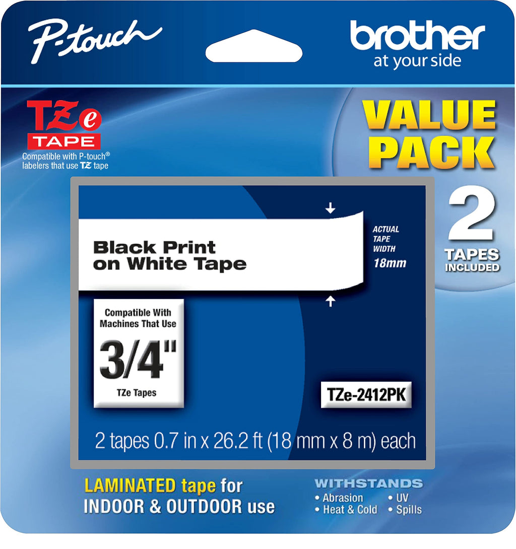 Brother Genuine P-Touch, TZe2412PK, 2 Pack of Label Tape, Black Font On White Label, TZe241,Black on White 2-Pack