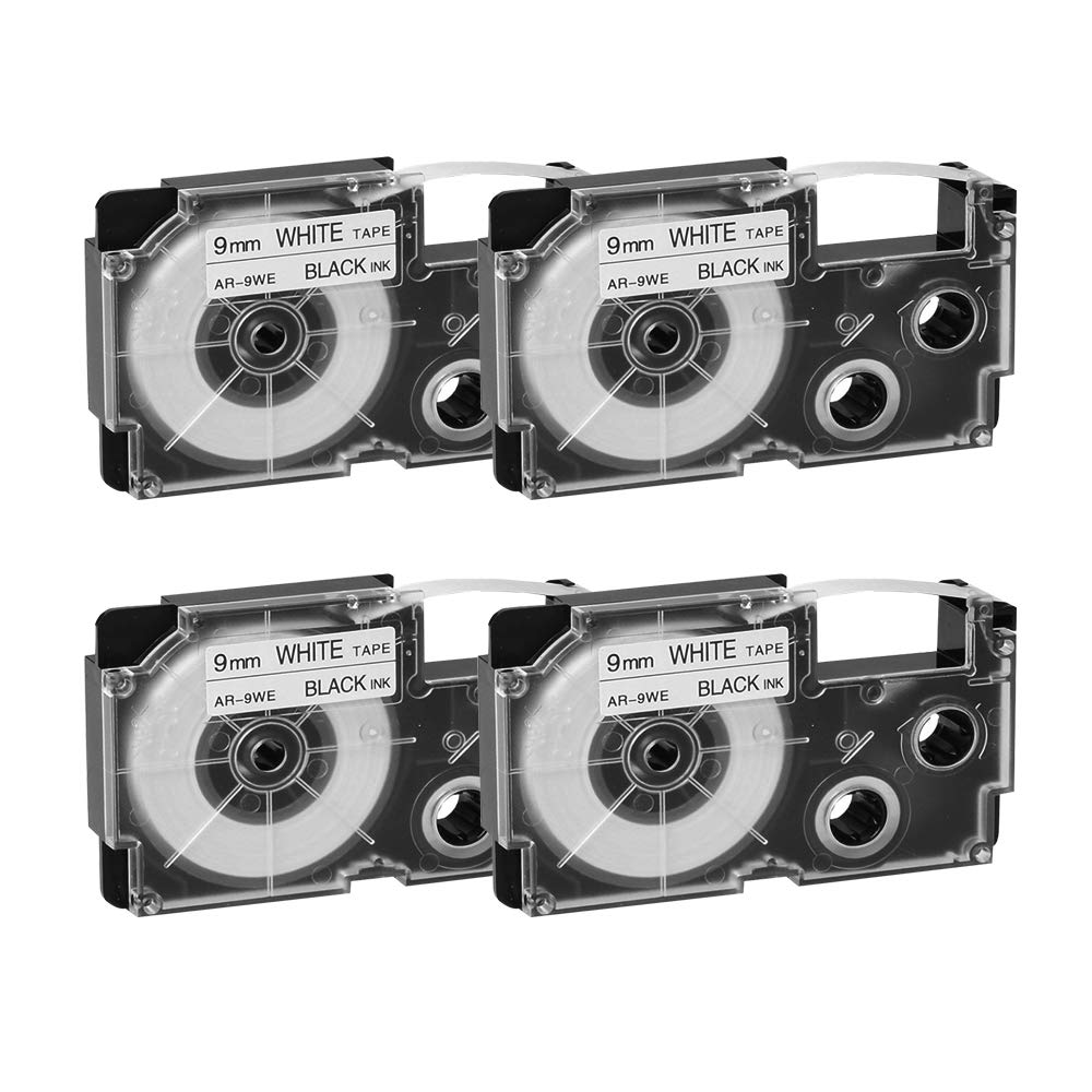 Compatible Label Tape Replacement for Casio XR-9WE2S XR-9WE Label Cartridges Compatible for Casio KL-120 KL-60 KL-100 KL-750 KL-780 KL-7000 KL-7200 EZ Label Printer 9 mm x 8 m Black on White, 4-Pack