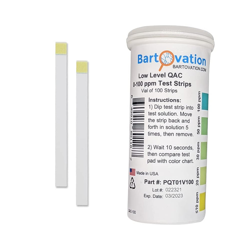 Low Level Residual Quaternary Ammonium (QAC, Multi Quat) Test Strips, 0-100 ppm [Vial of 100 Strips]