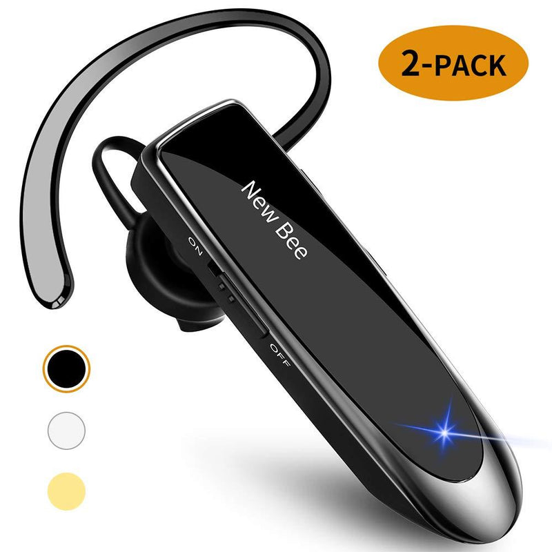 [2 Pack] Bluetooth Earpiece Wireless Handsfree Headset New Bee V5.0 24 Hrs Driving Headset with Mic 60 Days Standby Time Headset Case for iPhone Android Samsung Laptop Truck Driver Black