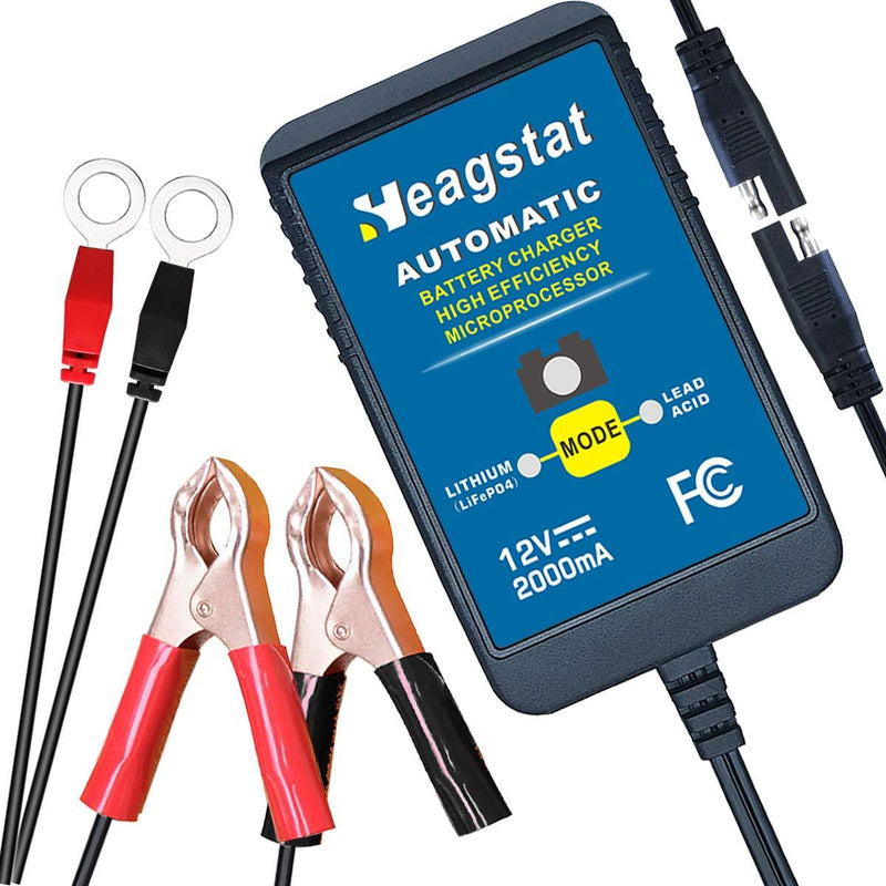 Heagstat Battery Charger, 12V 2-Amp Fully-Automatic Smart Charger, Trickle Charger, Battery Maintainer, for Car Motorcycle Lawn Mower Boat ATV Lead Acid or Lithium(LiFePO4) Batteries 2A 12V Blue