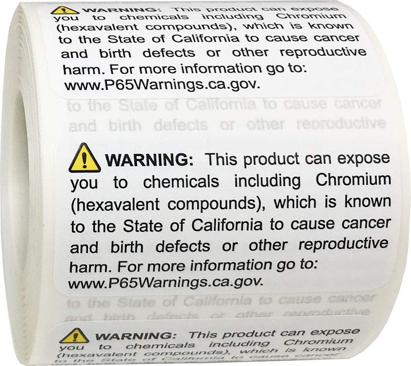 California Proposition 65 Exposure to Chromium Warning Labels 1 x 2 inch 500 Adhesive Stickers