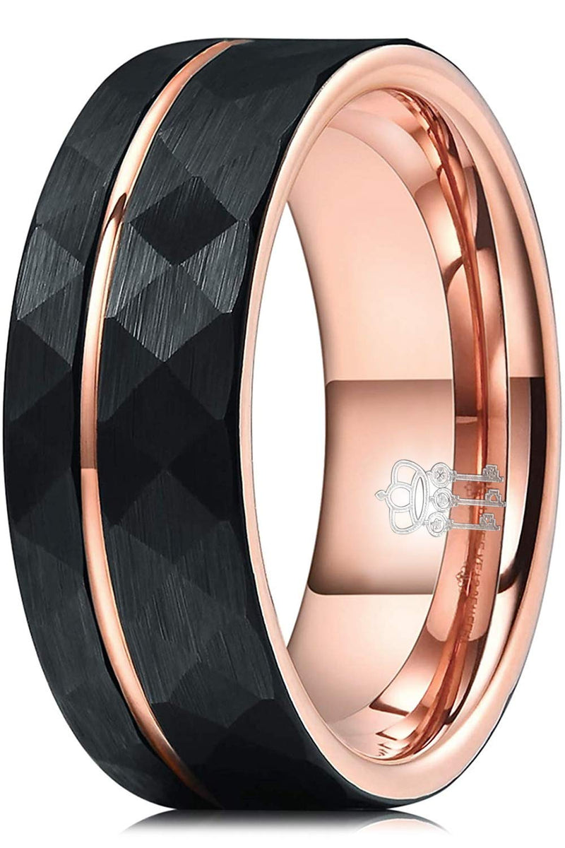 THREE KEYS JEWELRY Mens Womens Black Tungsten Rings 4mm 6mm 8mm Hammered Facet Silver Brushed with Rose Gold Stripe Wedding Bands 8mm Black & Rose Gold 8.5