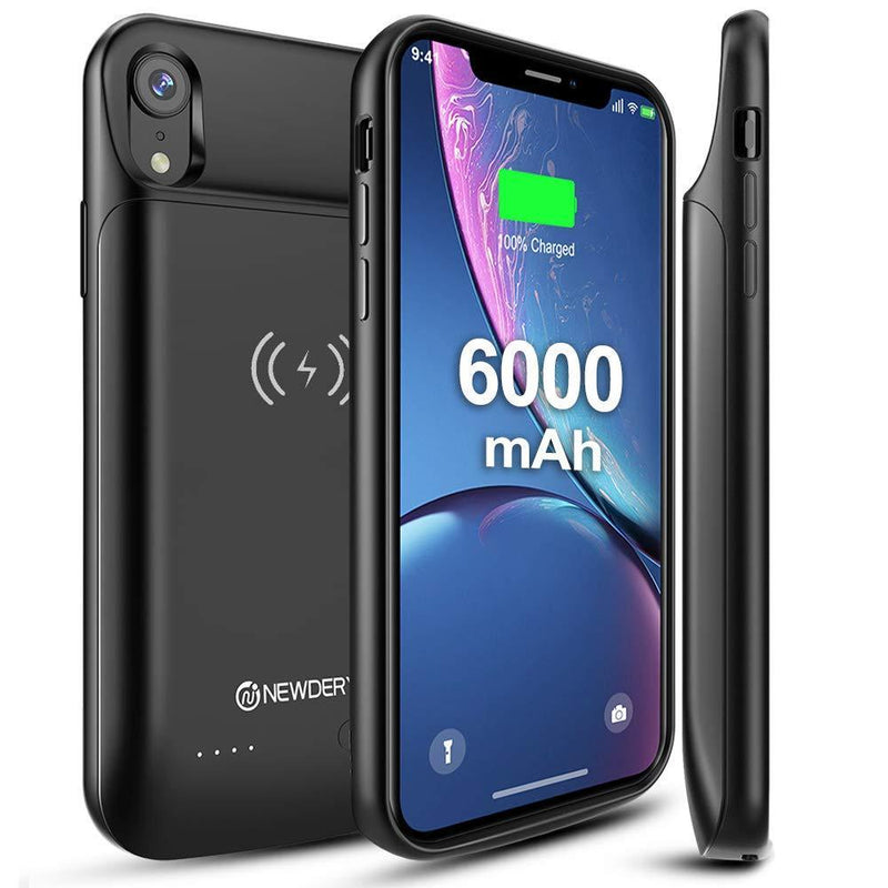 NEWDERY Upgraded iPhone XR Battery Case Qi Wireless Charging Compatible, 6000mAh Slim Extended Rechargeable External Portable Charger Case Compatible iPhone XR (6.1 Inches Black)