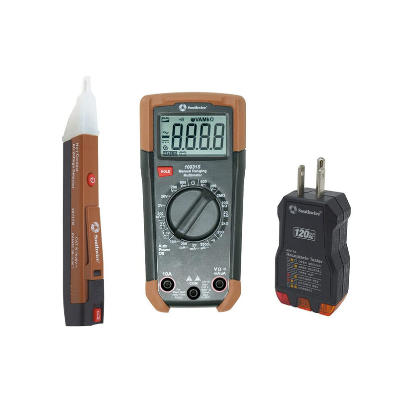 Southwire 10037K Electrical Test Kit with Full-Function Multimeter, Non-Contact Voltage Detector, and Outlet Tester, Includes Test Leads and Batteries