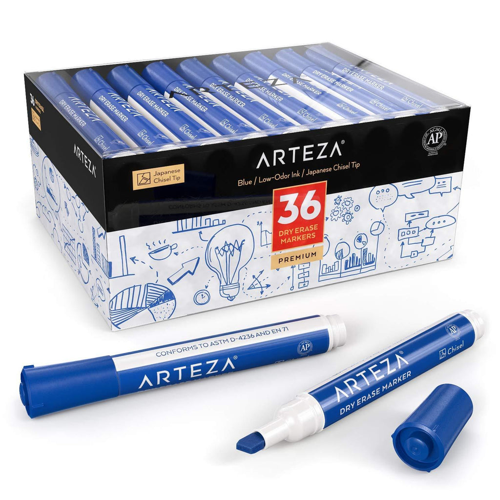 Arteza Dry Erase Markers, Bulk Pack of 36 (with Chisel Tip), Blue Color with Low-Odor Ink, Whiteboard Pens, Office Supplies for School, Office, or Home