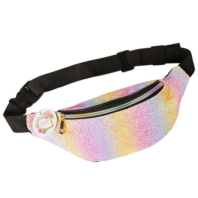 QtGirl Fanny Pack for Kids, Glitter Waist Bag Shiny Bags with Adjustable Belt for Children Sport Running, Camping, Trip Rainbow