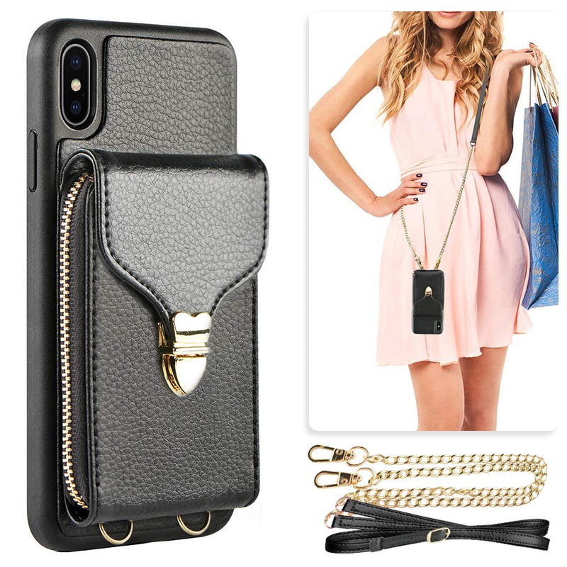 iPhone Xs Wallet Case, JLFCH iPhone Xs Zipper Leather Case with Card Slot Holder Closure Buckle iPhone Xs Crossbody Purse Handbag Long Wrist Strap Back Cover for Apple iPhone X/XS 5.8 inch - Black iPhone X/XS 5.8''-Black iPhone X/XS 5.8''
