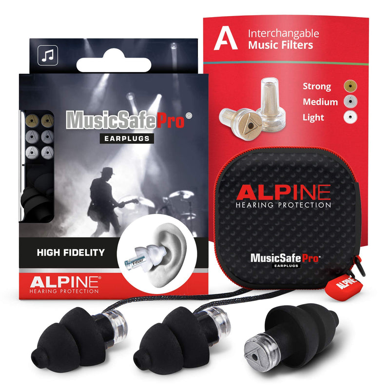 Alpine MusicSafe Pro High Fidelity Music Ear Plugs for Concert & Noise Reduction - 3 Premium Filter Sets - Professional Musicians, DJs Hearing Protection – Soft Hypoallergenic Reusable Black Earplugs Pro-black