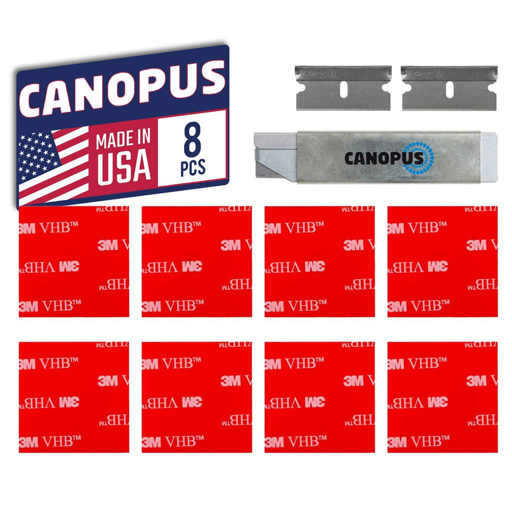 CANOPUS Adhesive Pads Double Sided Foam Tape Mounting Squares, Made in USA, 4910 Square, 8-PCs 1.5 in x 1.5 in Square Pack, with Box Cutter (1PC) and Razor Replacement (2PCs) 1.5in x 1.5in