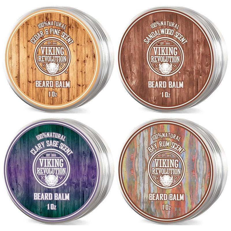 4 Beard Balm Variety Pack (1oz Each)- Sandalwood, Pine & Cedar, Bay Rum, Clary Sage- Styles, Strengthens & Softens Beards & Mustaches - Leave in Conditioner Wax for Men 1 Ounce (Pack of 4)