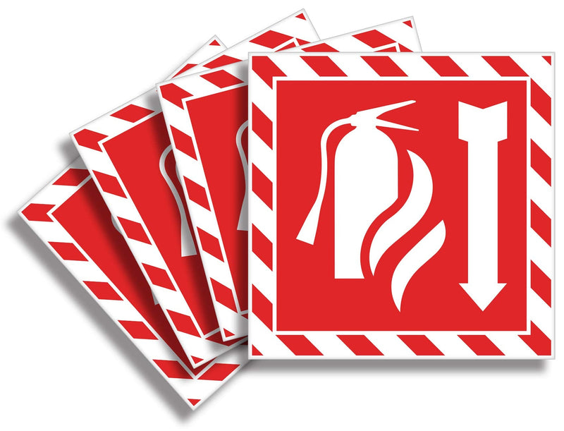 Fire Extinguisher Signs Stickers – 4 Pack 7x7 Inch – Premium Self-Adhesive Vinyl, Laminated for Ultimate UV, Weather, Scratch, Water and Fade Resistance, Indoor and Outdoor Medium Red