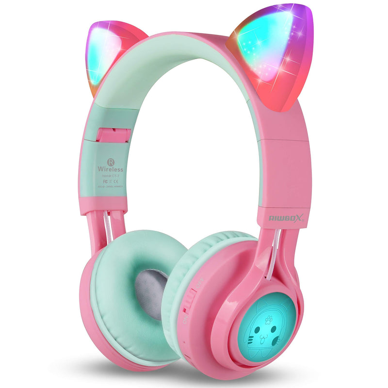 Riwbox Bluetooth Headphones, Riwbox CT-7 Cat Ear LED Light Up Wireless Foldable Headphones Over Ear with Microphone and Volume Control for iPhone/iPad/Smartphones/Laptop/PC/TV (Pink&Green) Pink&Green