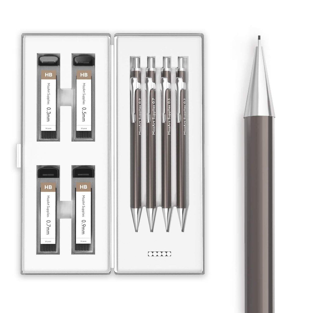 MozArt Mechanical Pencil Set with Case - 4 Sizes: 0.3, 0.5, 0.7 & 0.9 mm with 30 HB Lead Refills Each & 4 Eraser Refills - Drafting, Sketching, Illustrations, Architecture (Metal) Metal