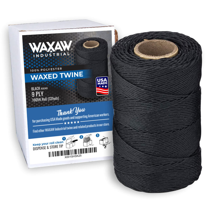 Waxed Twine 160 LBS Tensile Strength (1-Roll) 1,005 feet roll | 9-ply | 100% Polyester | Black Cable Tie Down Wax Lacing Cord | USA Made 1-Roll