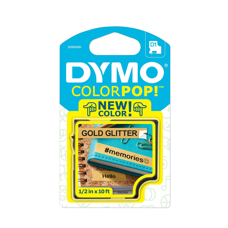 DYMO COLORPOP Authentic Label Maker Tape, 1/2" W x 10' L, Black Print on Gold Glitter, D1 Standard 1 Tape Black on Gold Glitter